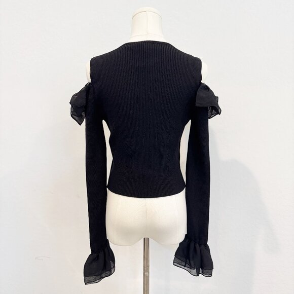 NWT Zara Tie Front Ruffle Ribbed Knit Cardigan Top in Black Witchy Size Small - Picture 10 of 11